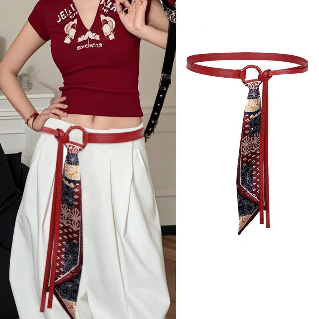 Women's Coffee Brown Silk Scarf Belt with Wide-Leg Cargo Jeans Retro Style