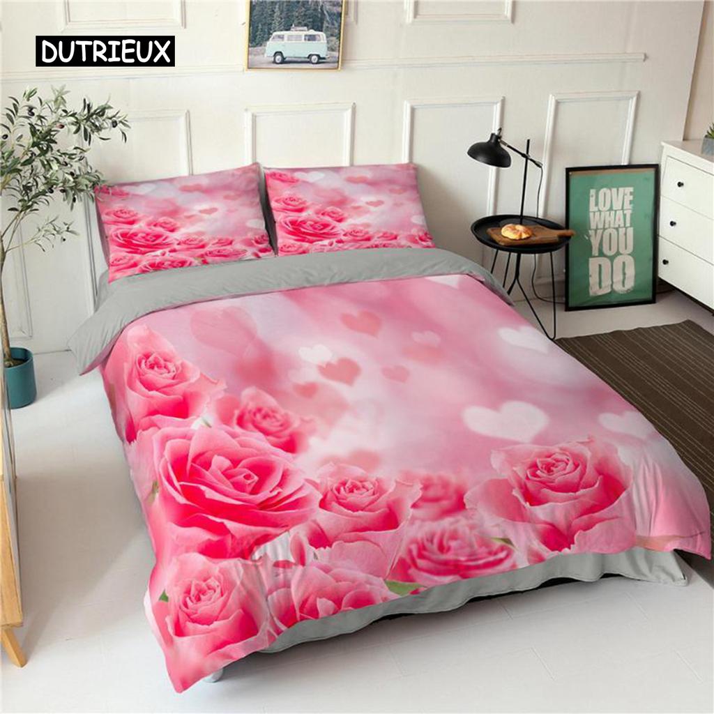 Red Rose Duvet Cover Set Queen Microfiber Floral Petals Botanical Twin Bedding Set Romantic Flowers Valentine's Day Quilt Cover