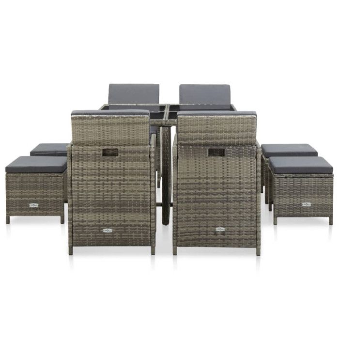 Mobilier à dîner de jardin - VIDAXL - 9 pièces - Résine tressée grise - Coussins amovibles - Contemporain