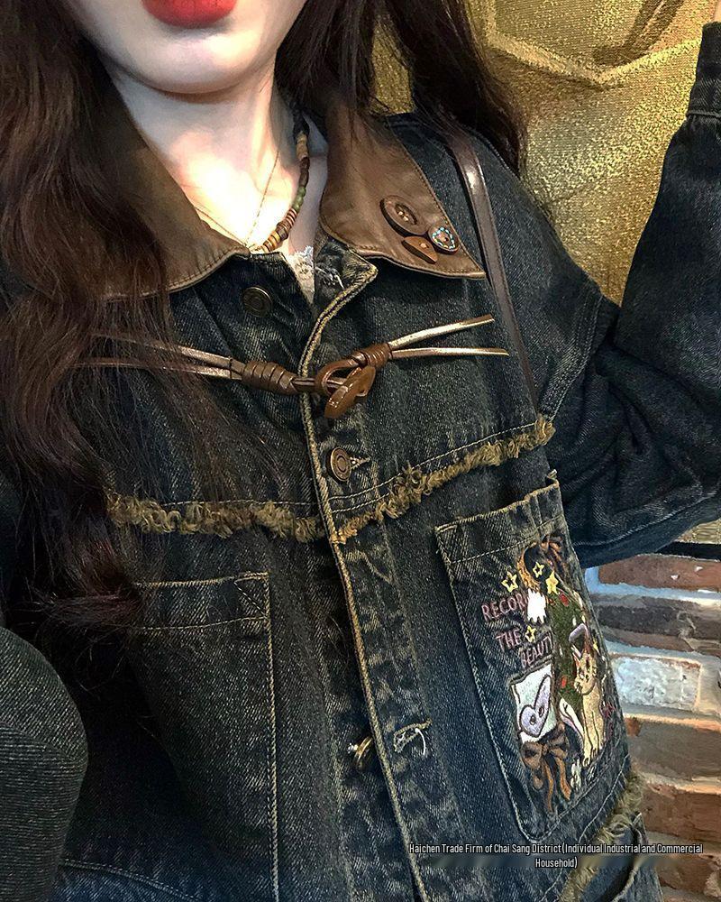 2025 Playful Green Embroidered Denim Jacket - Spring/Autumn Retro Style | Free Shipping