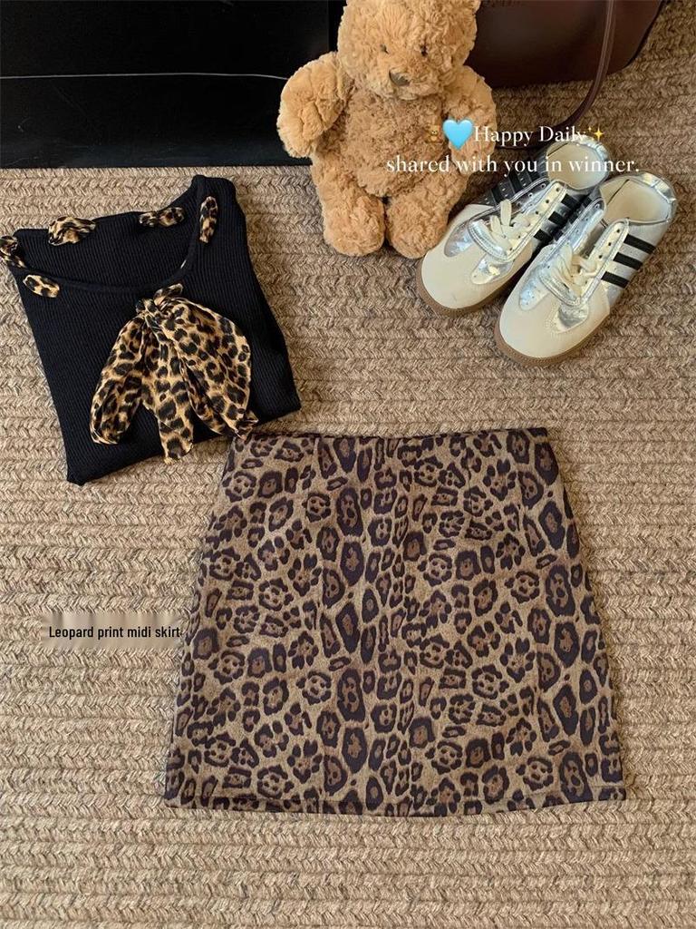 2024 European Leopard Print A-line Midi Skirt - High Waist, Slimming, Petite, Autumn Winter Style