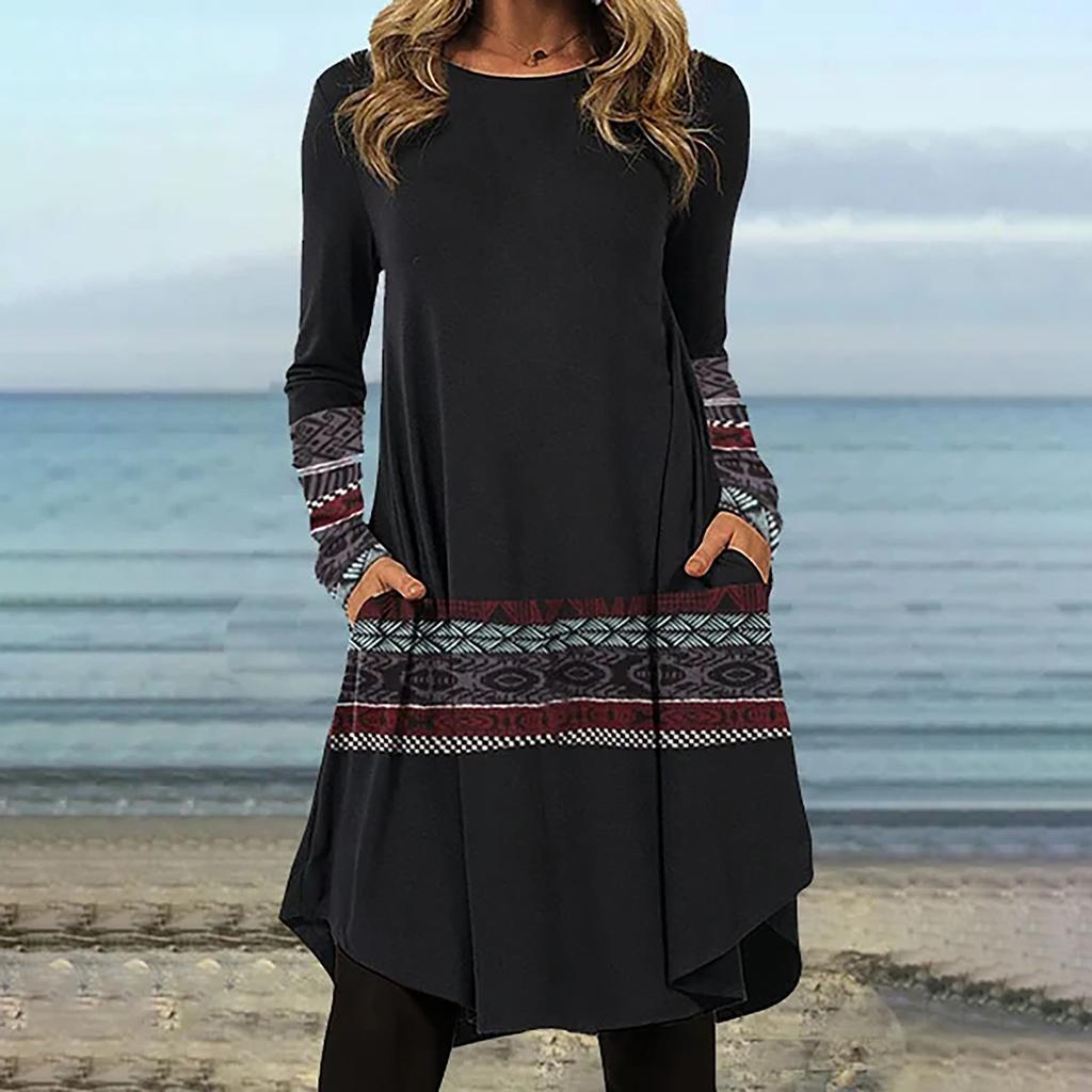 Women's Casual Fashion Spring And  Long Sleeve Round Neck Printed Dress
