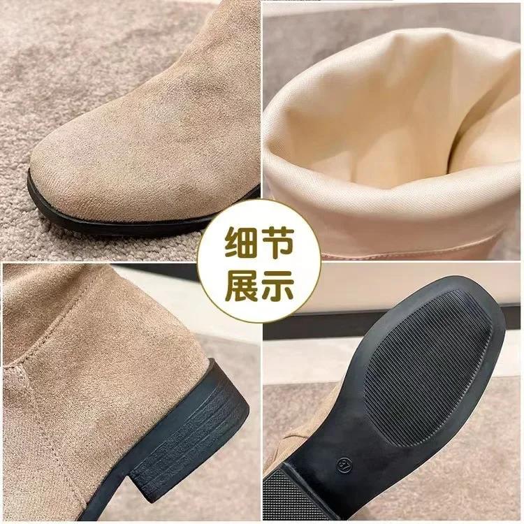 Women Mid Calf Boots Retro High Heels Solid Color Women Shoes Round Toe Rome Females Low Heels Boots Botas De Mujer