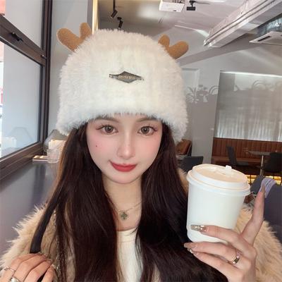 Süße und niedliche Hirsch Plüschmütze Damen Verdickte Strickmütze Winter Warm Pullover Wollmütze Trend