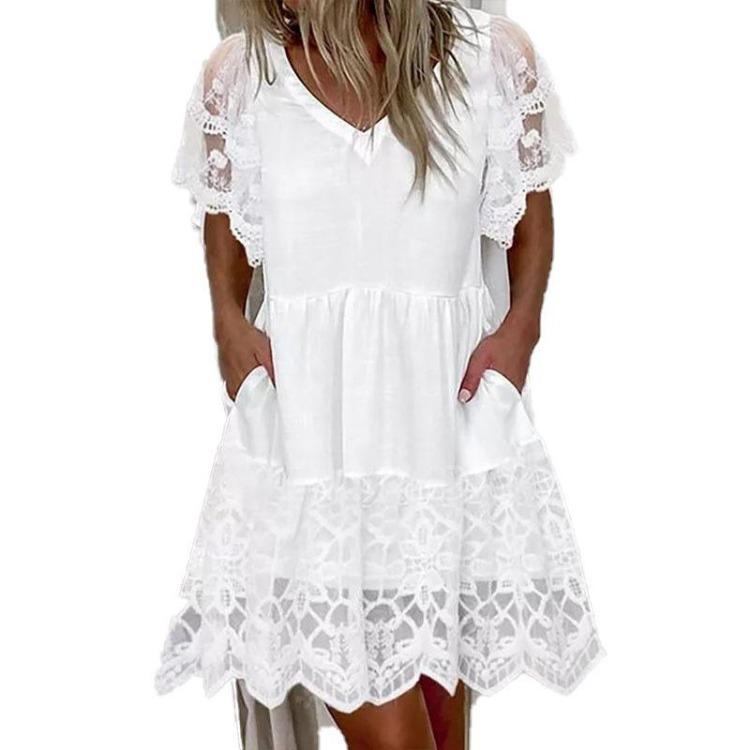 Spring Summer Women Floral V Neck Lace Short Sleeve Dress Fashion Trendy Casual Elegant