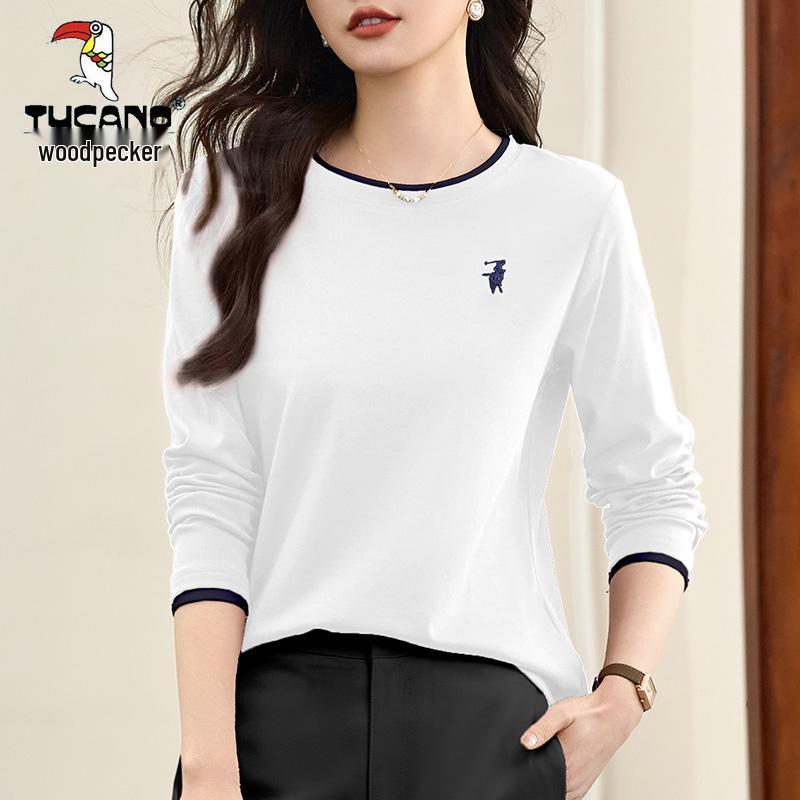 Women s 2025 Woodpecker Long Sleeve T-shirt - Spring/Autumn Round Neck Straight Shoulder Top L