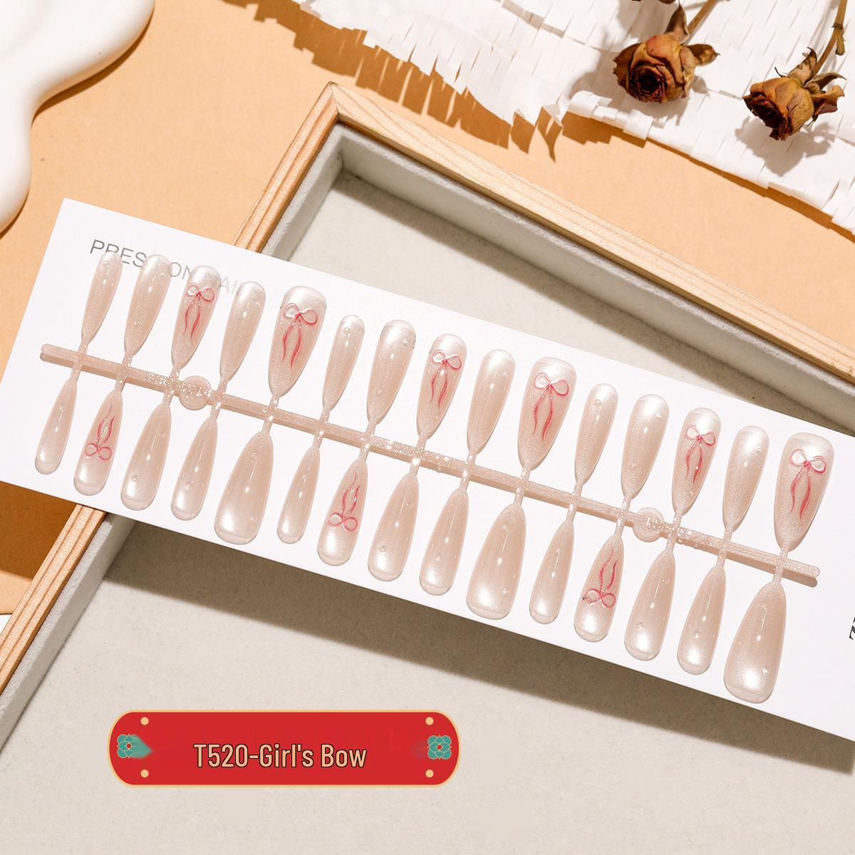 

T520 Pink Girl Bow Nude Cat Eye Almond Shape Medium Long Wearable Nail Tips - 30 Pieces Entire Set XS/S/M