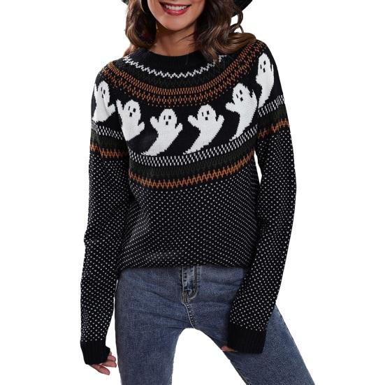 Damski sweter jesienno-zimowy nadruk z duchem kreskówkowym z długim rękawem drążony styl Halloween wokół szyi dzianinowy gruby miękki sweter dopasowany kolorystycznie