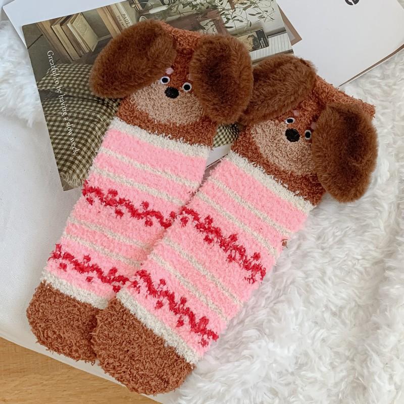 Cartoon Sausage Dog Coral Fleece Socks For Women Middle Tube Thickened Sleep Socks Home Floor Socks