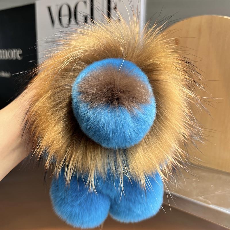 Cute Lion Real Rex Rabbit Fur Keychain Plush Toys Trinkets Women Bag Ornaments Pendant Car Keyring Rearview Mirror Decoration