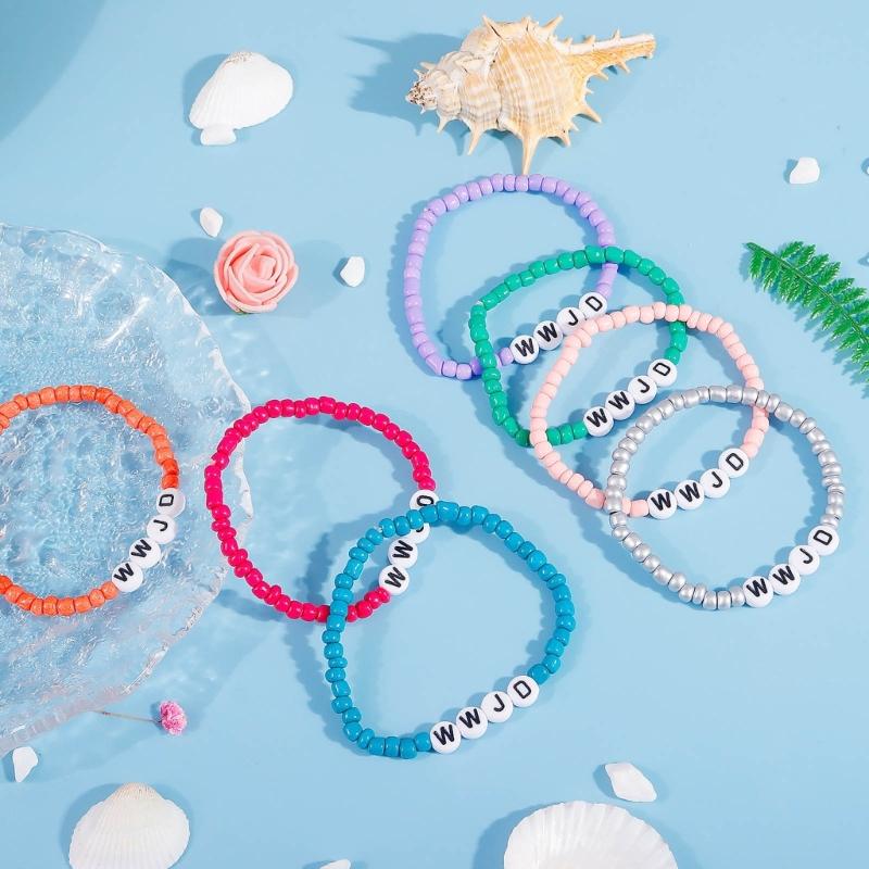 7PCS Colorful WWJD Bracelets Teen Girl Summer Beaded Bracelets Religious Stretch Bracelets What Would Jesus Do Bracelets