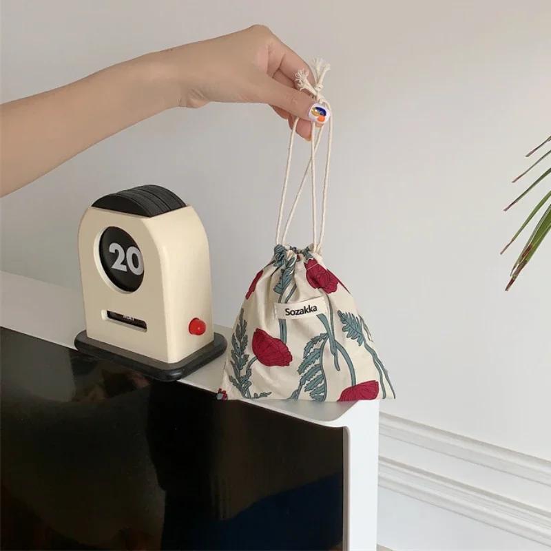 Floral Print Drawstring Coin Purse Lipstick Makeup Bag Travel Organizer Keys Earphone Storage Bag Makeup Pouch Cute Purse Wallet