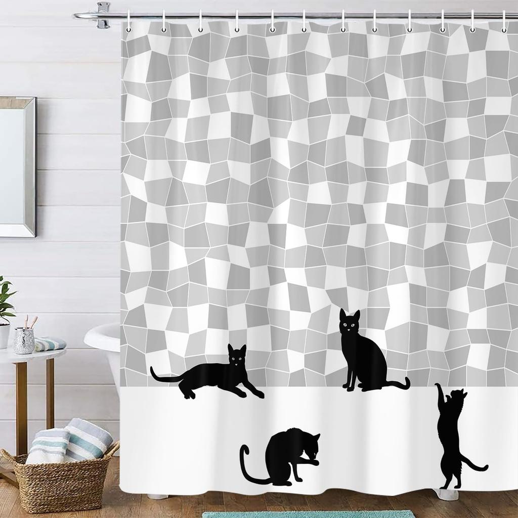 Cute Cat Shower Curtain,Funny Black Cat White Mosaic Bathroom Accessory Set,Black Fun Silhouette Shower Curtain Polyester Fabr