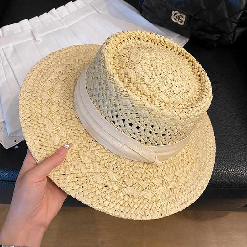 Lace Bow Straw Hat Women's Summer French Large Brim Sunscreen Hat Seaside Beach Vacation Sun Hat