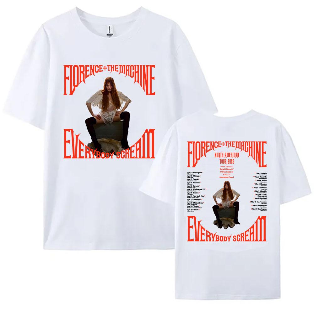Футболка с туром 2026 Everybody Scream Североамериканская группа Florence + The Machine Футболки Хлопок Короткий рукав Свободный Женские футболки XS белый