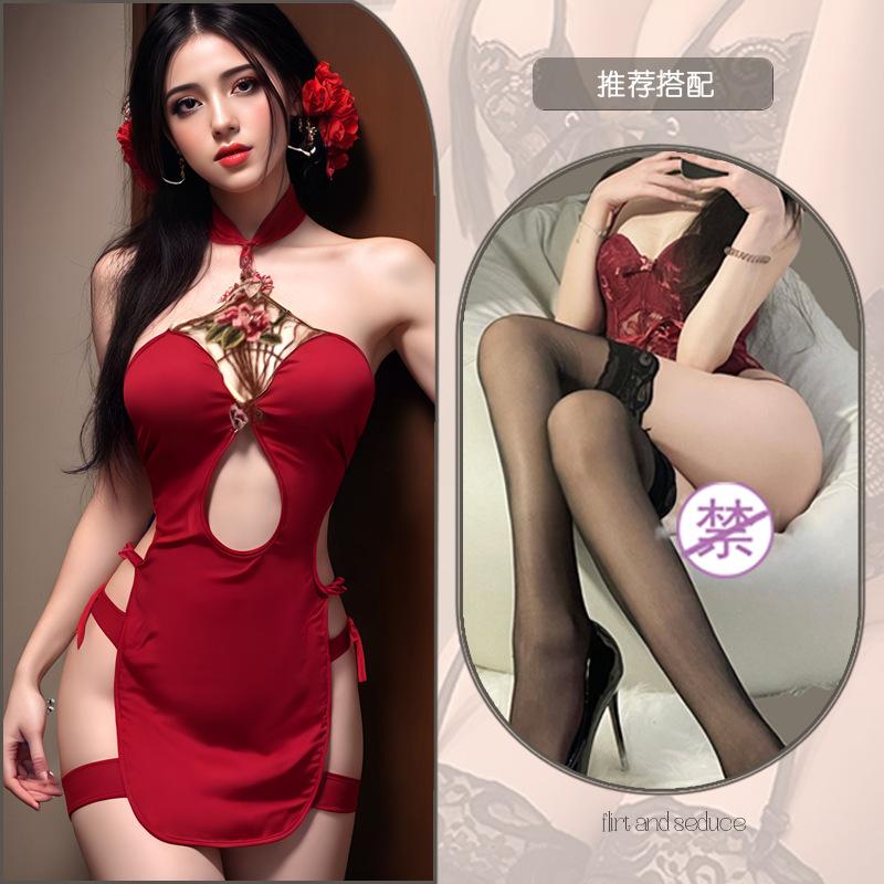 Sex underwear hollow embroidery uniform sexy retro sex cheongsam Republic of China style split cheongsam women's underwear