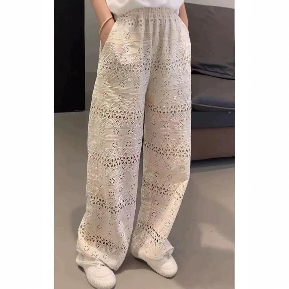 Women's High Waist Wide Leg Pants Straight Cut Hollow Lace Loose Casual Summer Trousers