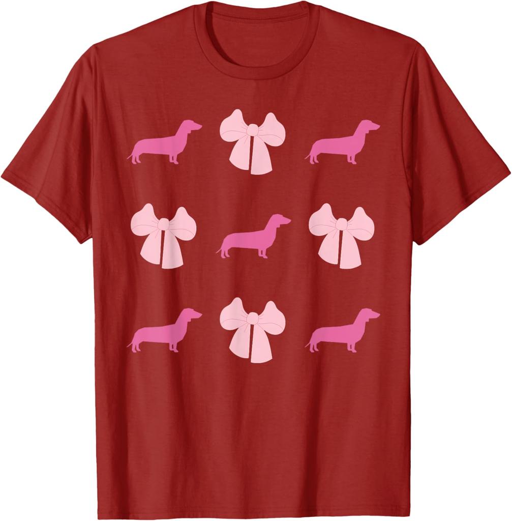 Pink Dachshund Bow Pattern Graphic Tee Cute Wiener Dog Lover Short Sleeve T-Shirt