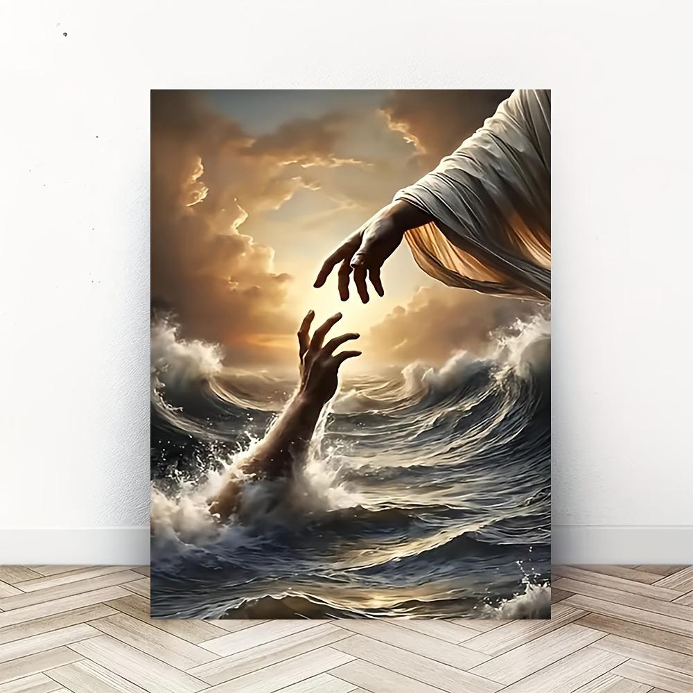 Pittura su Tela 'Santo Salvataggio Marino' - Gesù Tende la Mano, Decorazione Murale Cristiana Ispiratrice, Regalo Spirituale, Pronto da Appendere, Poster di Arte Murale sulla Fede