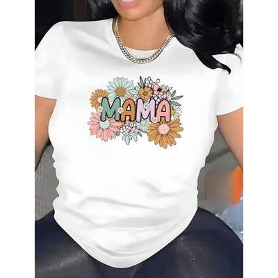 European Size Mother'S Day Floral MAMA Graphic Tee | Pure Short Sleeve Crew Neck Casual Summer T-Shirt for Women, White with Colorful Flower Design