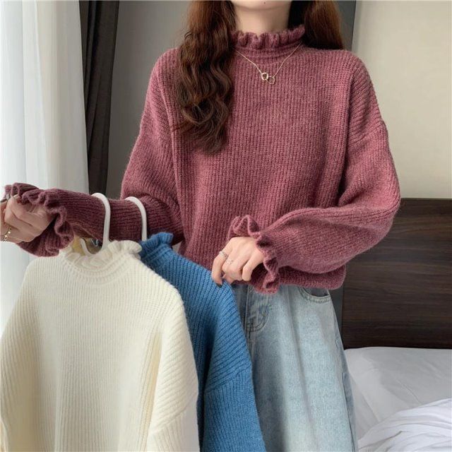 Women's French Style Ruffled Turtleneck Base Layer Autumn Winter Long Sleeve Knitted Top
