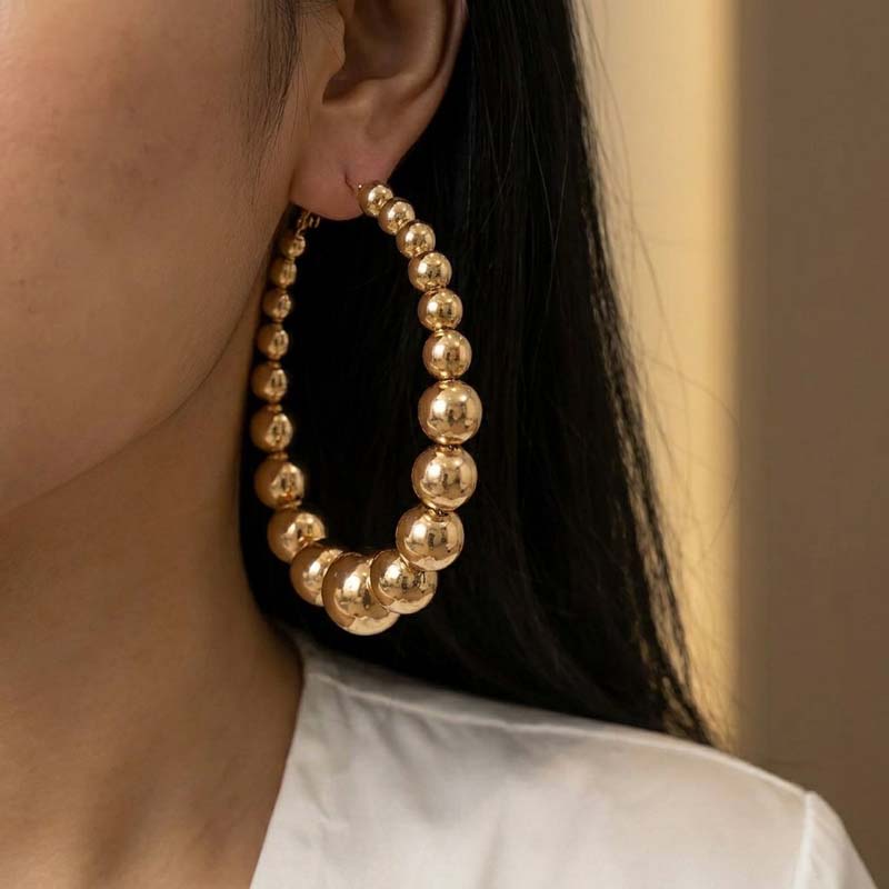 Exaggerated Metal CCB Round Ball Beads Hoop Earrings for Women Fashion Silver Color Large Circle Geometric Earrings Jewelry Gift