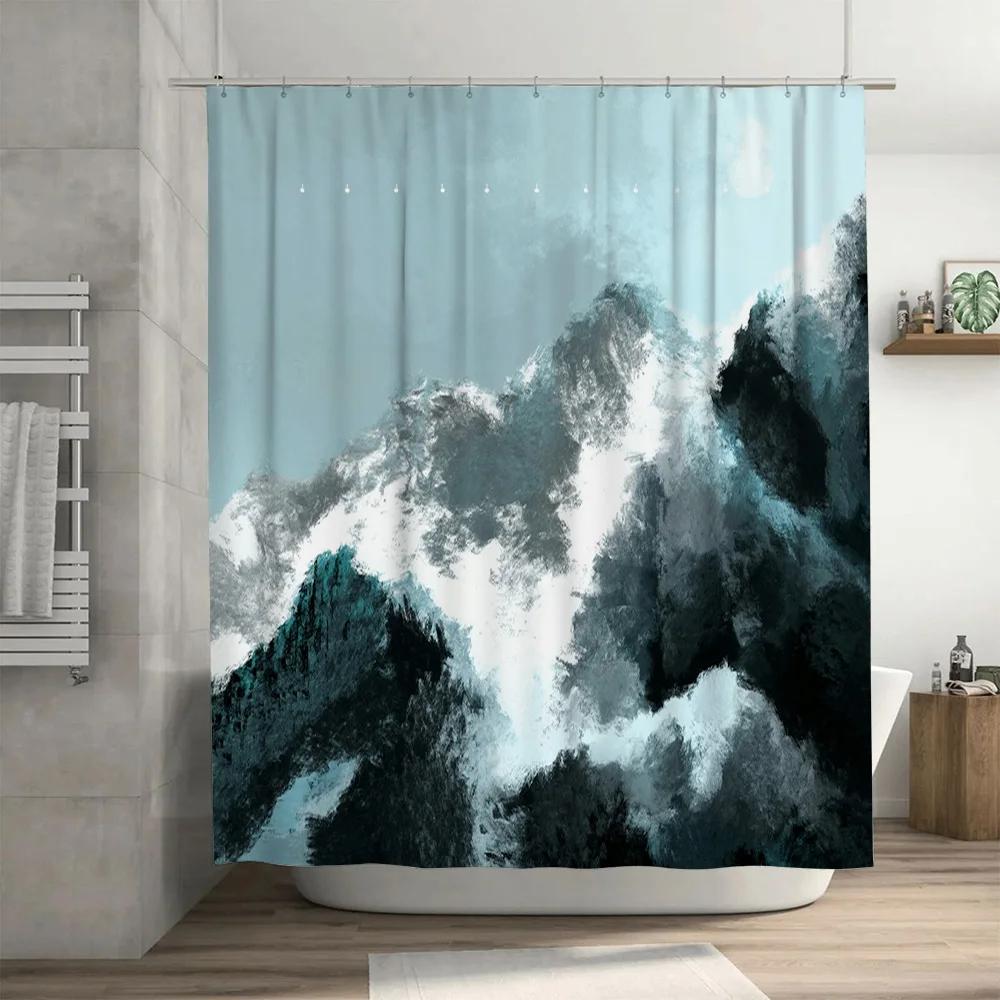 Blue Mountains Shower Curtain Bathroom Decor Waterproof Fabric for Bathtub Dark Blue White Print Design Modern Bathroom Accessor