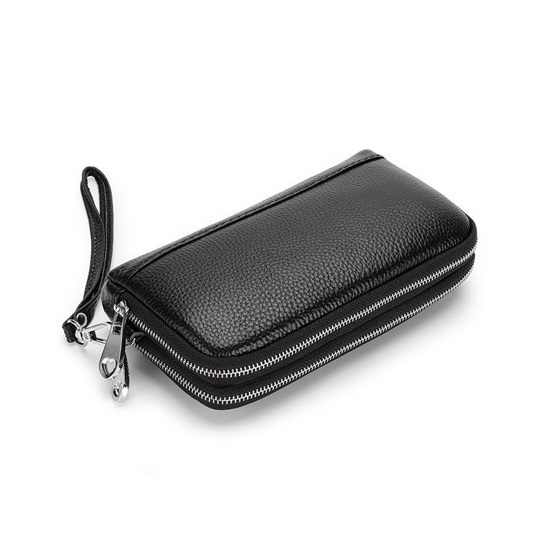 Women Genuine Leather Long Wristlet Clutch Purse 2 Layer Zipper Easy To Clean Phone Cash Bag for Mom Daily Use
