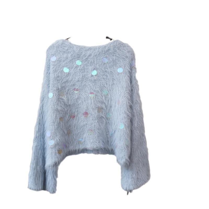 Autumn and winter new sequins sweet soft waxy imitation mink fleece sweater pullover round neck gentle knitted sweater top women