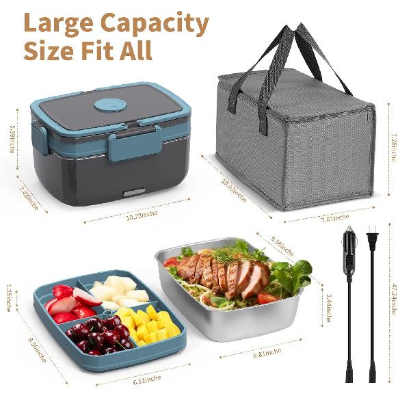 Electric Lunch Box for Adults – 90W Portable Food Warmer with 2L Stainless Steel & 1L Fruit Container, 12V/24V/110V Heated Lunch Box for Car,