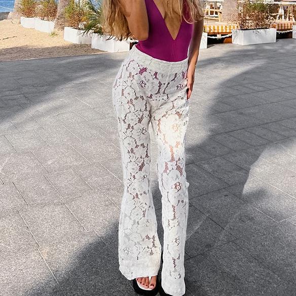 Spring Summer Women Trousers Lace Flared Pants