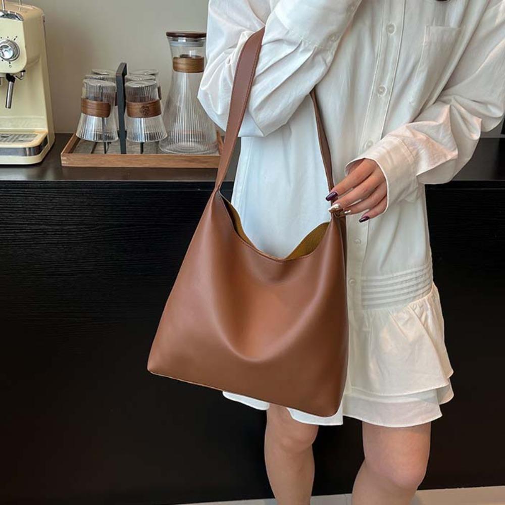 Large Capacity Soft PU Tote Bag Anti-Splash Water French Underarm Bag Solid Color Handbag School