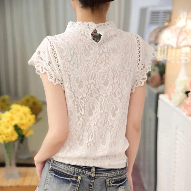 Summer Casual Solid Blouses for Women Petal Sleeve Floral Lace Tops Sweet Chiffon O-neck Short Shirts