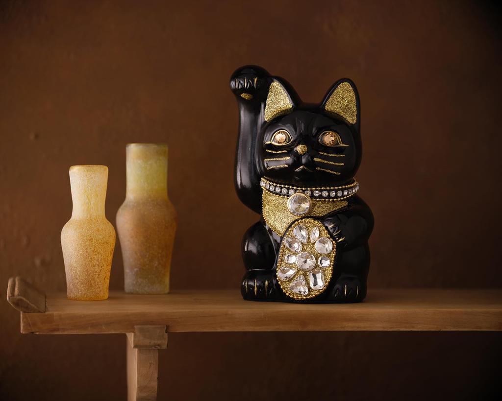 Glückskatze Schmuck Katze Rechte Pfote erhoben Keramik Glückskatze Maneki Neko Glücksbringer Feng Shui Ornament (M-GRÖSSE Schwarz) / _ (jw_M Schwarz)