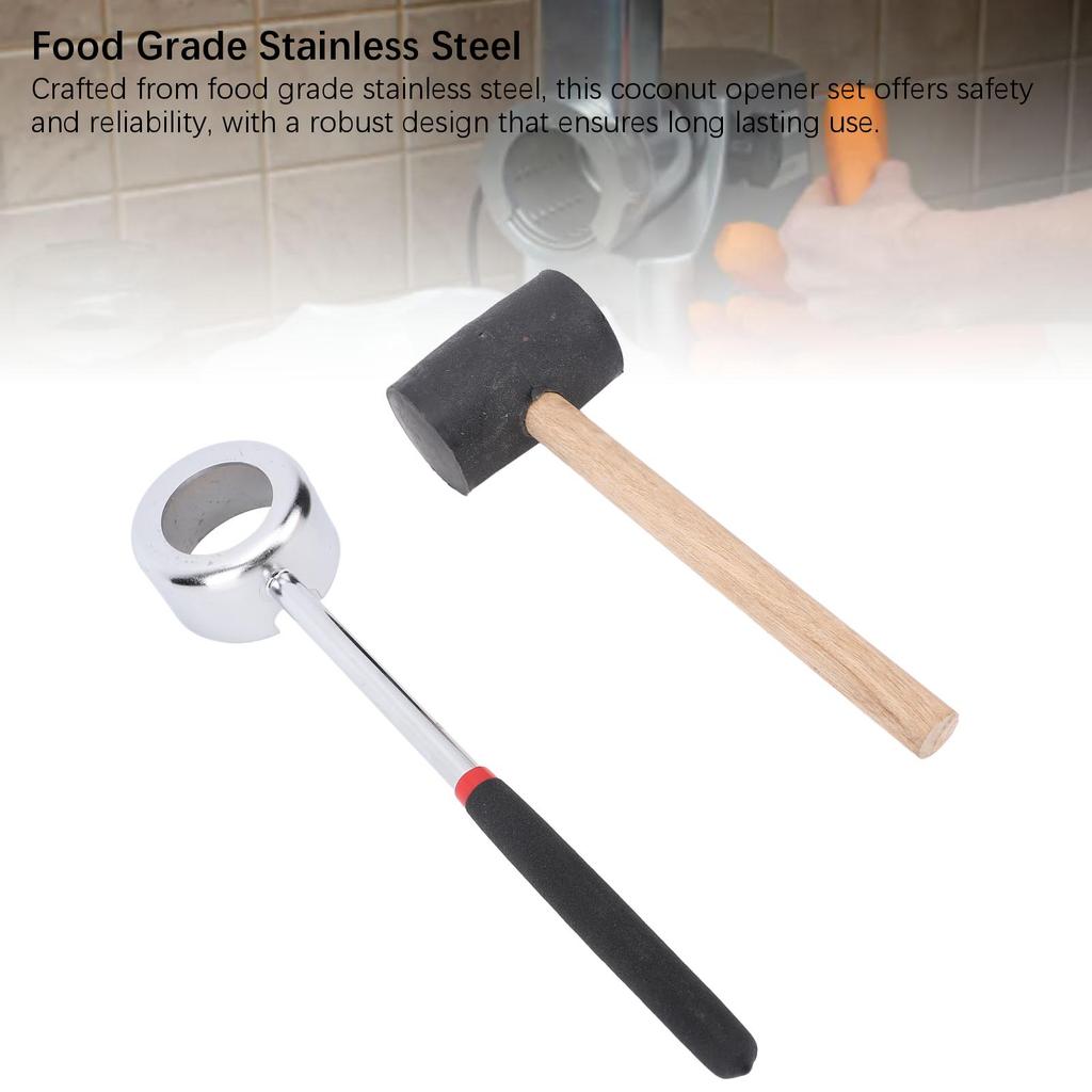 Coconut Opener Tool Set with Hammer Stainless Steel Food Grade Coconut Breaker Kit with Wooden Handle for Shop