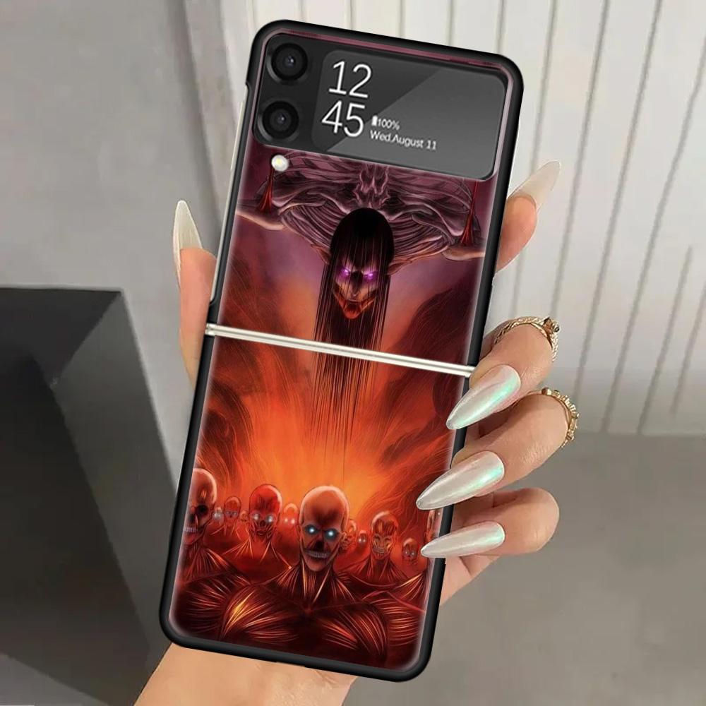 Attack Anime Hard PC Phone Case For Samsung Galaxy Z Flip 7 6 5 4 3 Black ZFlip7 ZFlip6 Flip5 Flip4 Flip3 5G Print Cover Galaxy