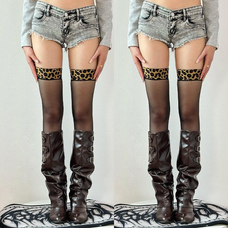 1/2 Pairs Leopard Knee High Thigh Stockings Women Autumn Splicing Sheer Silicone Anti-slip Thigh High Socks Women's Stockings