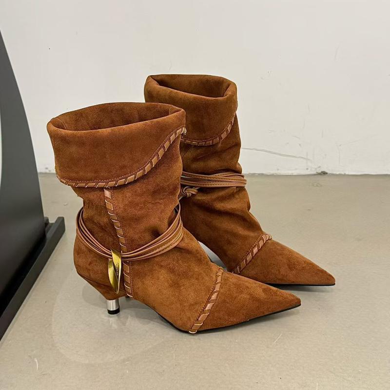 SUOJIALUN Zima Nowa Marka Damskie Krótkie Buty Modne Plisowane Wsuwane Do Połowy Łydki Cienki Niski Obcas Outdoorowe Eleganckie Szpilki z Ostrym Czubkiem