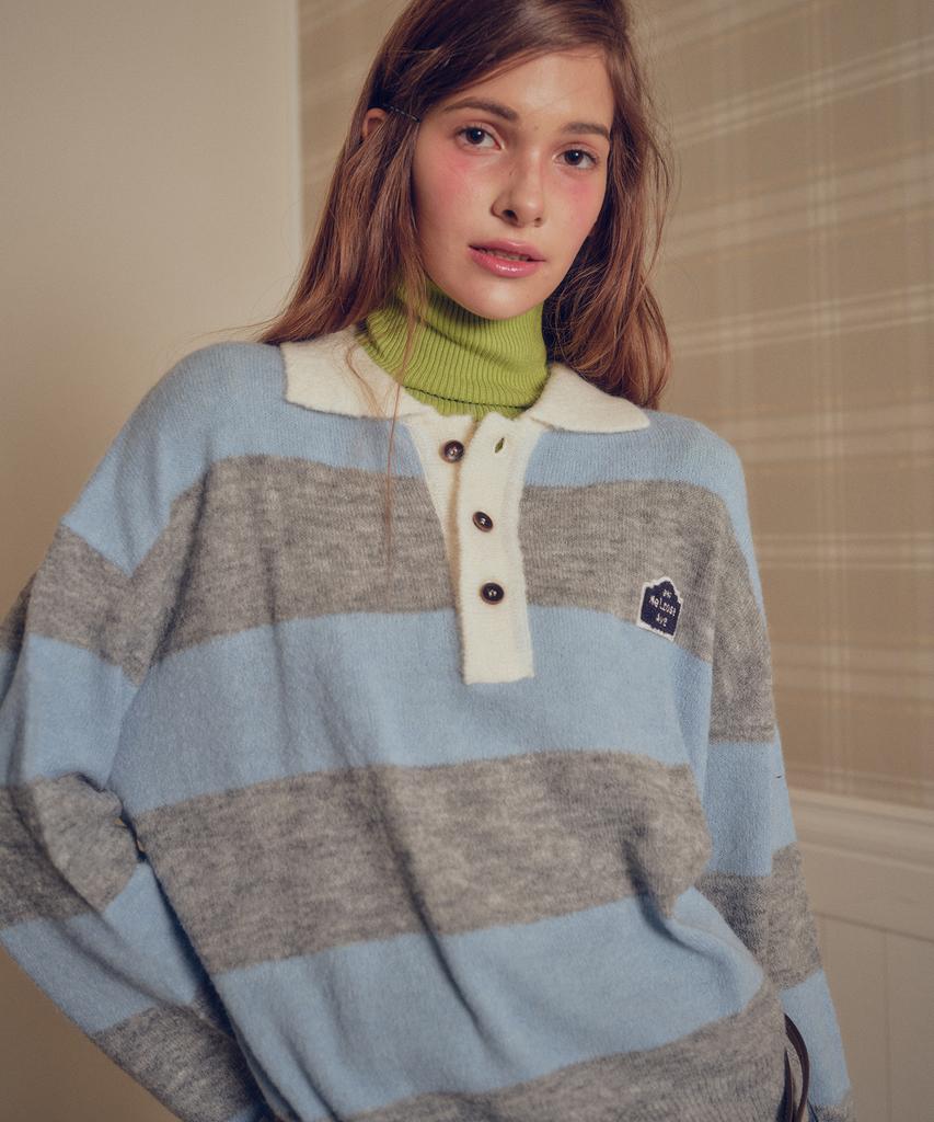 MELLY&ROSE Sunset Wide Stripe Polo Knit (310254)_Gray