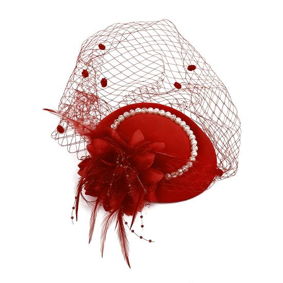 Women Fascinator Hat Feather Mesh Imitation Pearls Decor Pillbox Hat Small Top Hat Daily Party Hair Accessory