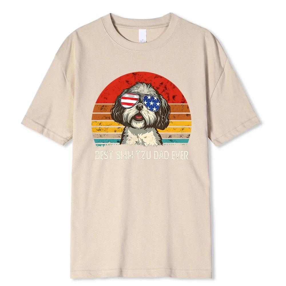 Best Shih Tzu Dad Ever Funny Printing Mens Cotton O-Neck T-Shirt Summer Loose Oversize Clothing Breathable Brand T-Shirts Man