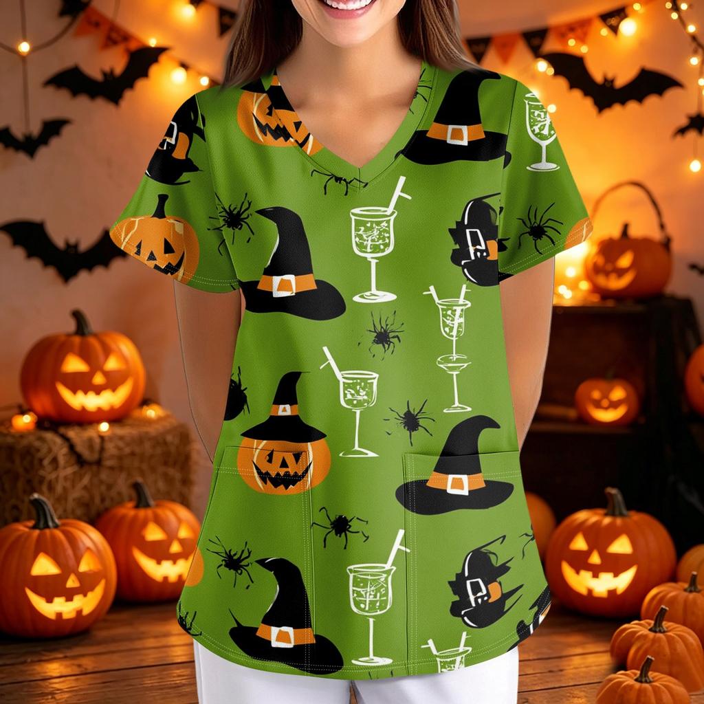 Women V Neck Short Sleeve Scrub Top with Halloween Print Loose Fit Nursing Uniform with Pockets for Healthcare Work