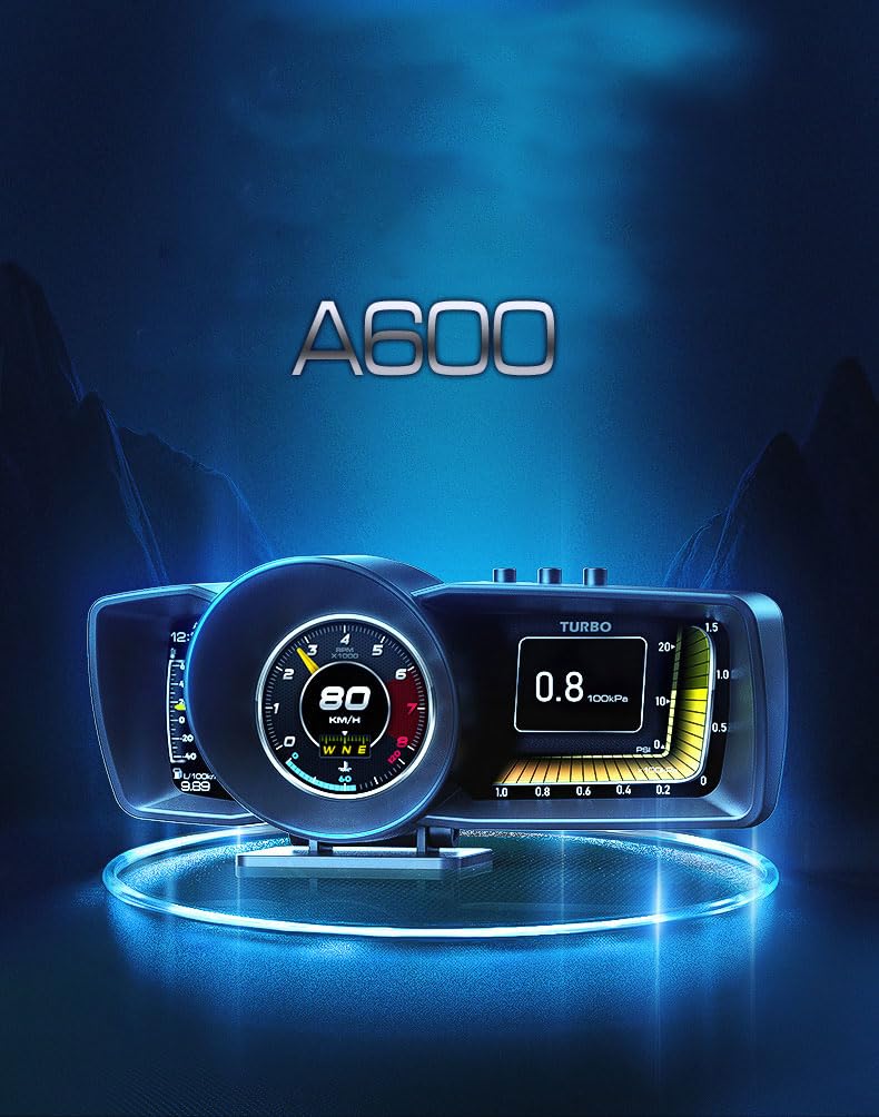 wiiyii Head Up Display Car HUD A600, Speedometer, Tachometer, Multifunction Gauge GPS+OBD2 Dual System