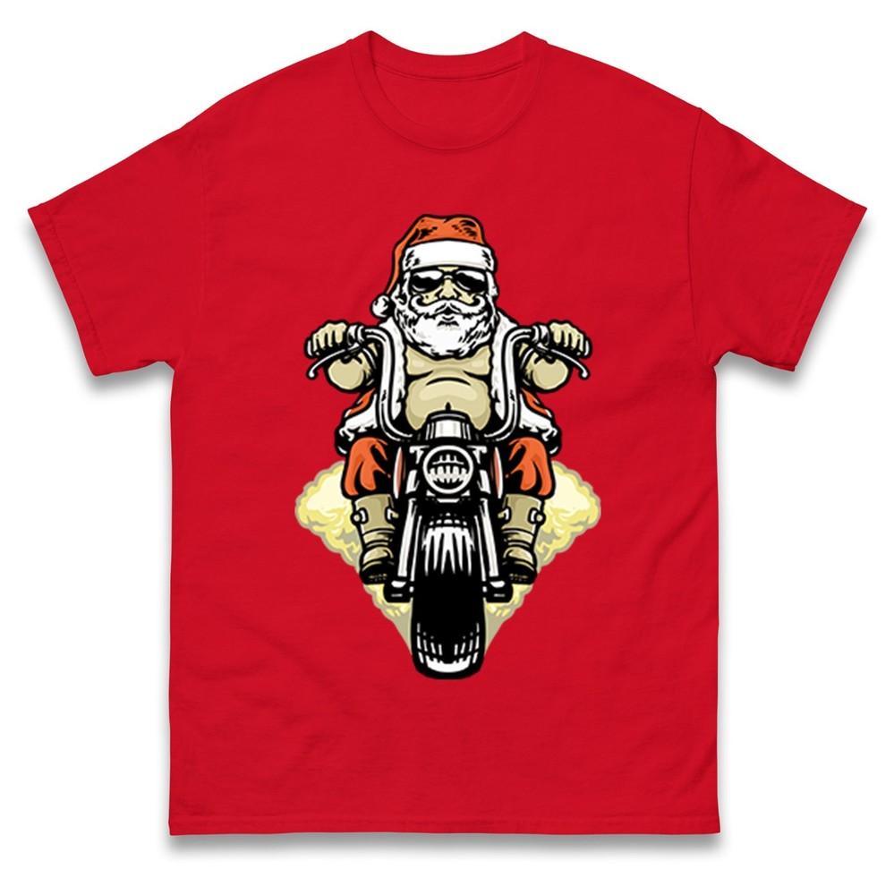 Santa Biker Christmas Tshirt Funny Cool Motorbike Rider Xmas Family Tee Top S