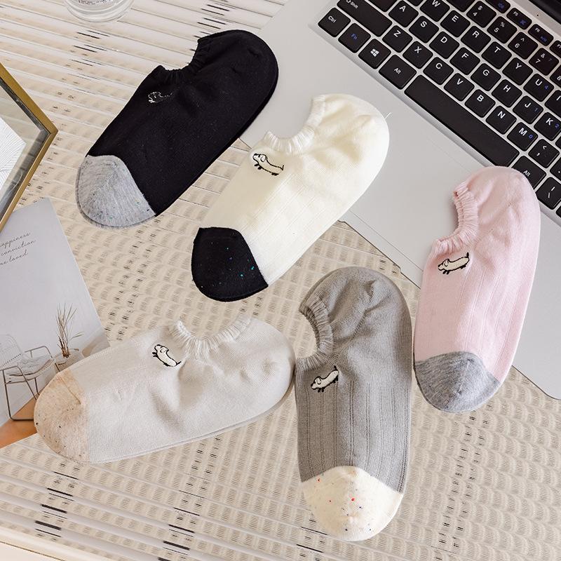 5 Pairs Boat Socks Women Shallow Mouth Short Socks Summer Thin Embroidery Puppy Boat Socks Cute Tide Net Red Invisible Socks Women