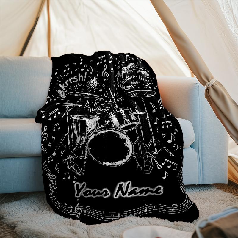 1PC Custom Name Music Drum Set Art flannel blanket versatile,all-season throw suitable for the living room,bedroom,camping,travel,and gift