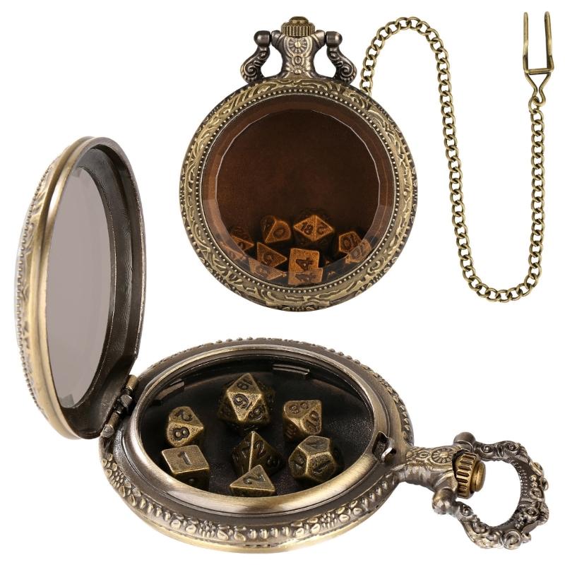 Unique Pocket Watch Case with 7pcs/set Metal Polyhedral Dices Pendant Delicate Pocket Watch for Gamers and Collectors