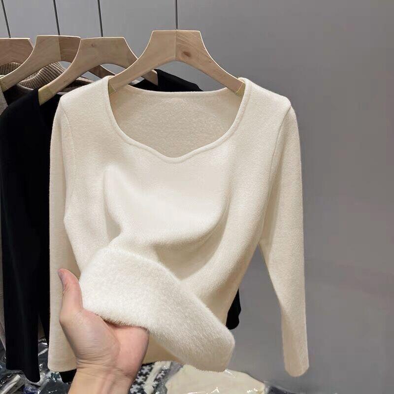 Autumn Winter Women's Warm Flannel Square-Neck Sweater with Thick Padding Slim Unique Design, and Slimming Effect