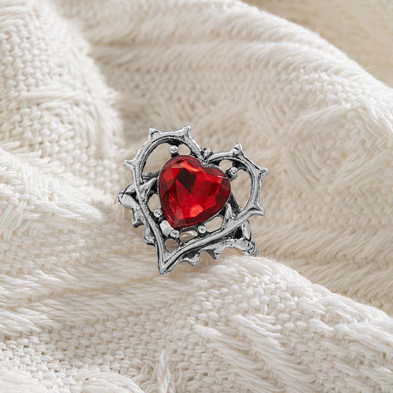 Punk Red Crystal Heart Rings for Women Vintage Metal Geometric Hollow Love Personality Finger Rings Y2K Jewelry Wholesale