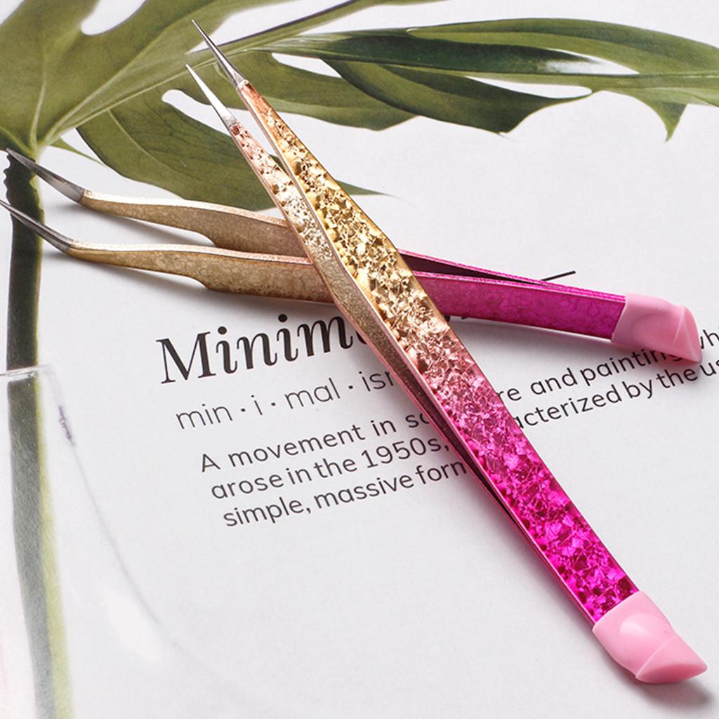 Double Ended Nail Art Tweezers for Women Stainless Steel Tweezer Straight Curved Tweezers with Silicone Pressing Head